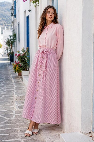 TRENDTESETTÜR KADIN PEMBE KUŞAKLI ÇİZGİLİ GOFRE ETEK T 2770