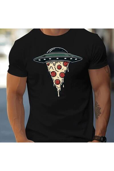 212Wear تي شيرت كاجوال أسود بأكمام قصيرة مطبوع عليه UFO Pizza، قميص رجالي عصر...