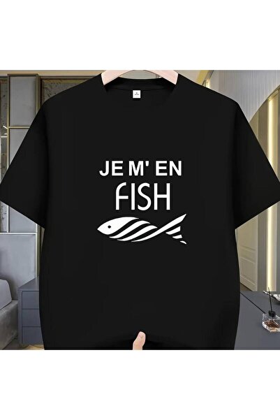 212Wear تي شيرت رجالي بنمط "JE M'EN Fish" بتصميم صيد الأسماك الكلاسيكي، بأكما...