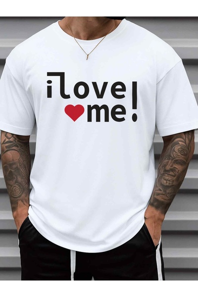 LİNA06 تي شيرت رجالي بطبعة I Love Me بوزن 180 جرامًا للمتر المربع، 100% قطن -...