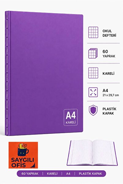 SaygılıOfis 60 Yaprak A4 DİKİŞLİ DÜZ Pp Kapak KARELİ Defter