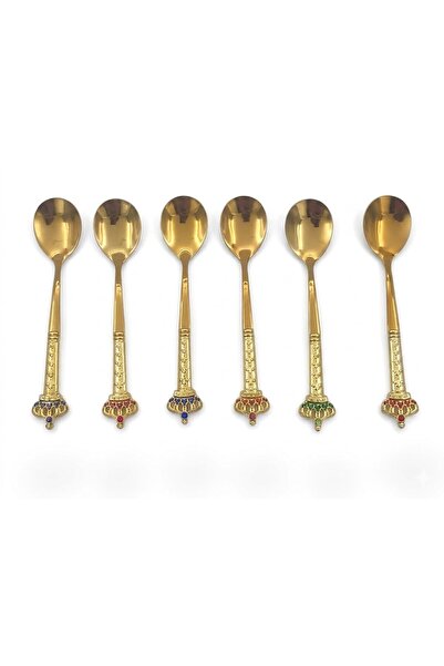 B&D Dessert Spoon Set with Jewel-Embellished Handles, Gold Color, 6 Pieces