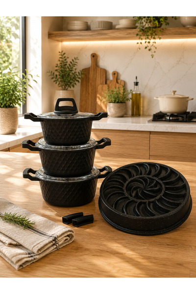 LAVONNI Obsidyen Gourmet Set 7 Parça Döküm Granit Tencere ve Turta Kalıbı Set...