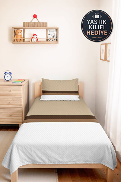 Evimde Bambaşka Modern Striped Cream Single Pique Set - Mink Brown Quilted 16...