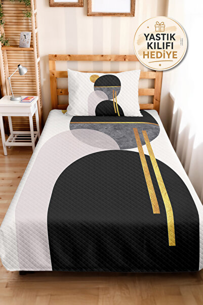 Evimde Bambaşka Black Geometric Modern Young Room Single Pique Set-Gold Gray ...