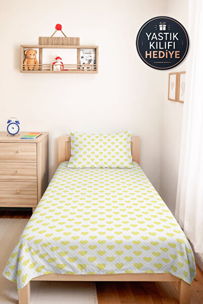 Evimde Bambaşka Yellow Heart Minimal Youth Room Single Pique Set-White Pastel...