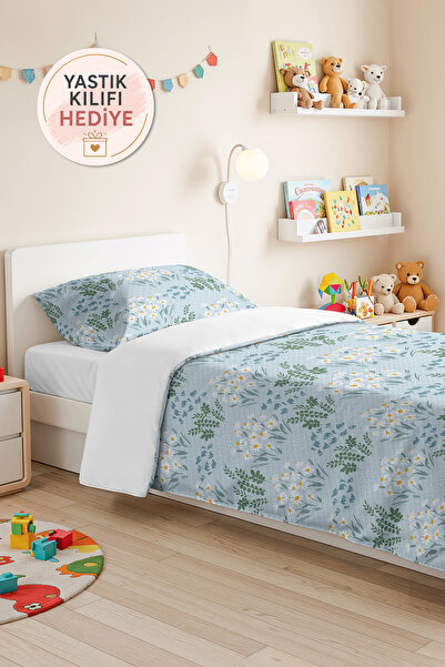 Evimde Bambaşka Daisy Floral Blue Youth Room Single Pique Set - Botanical Gre...