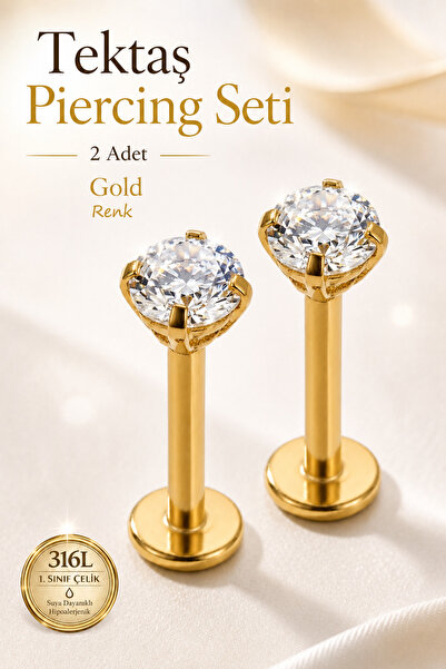 moonzy - minimalist & cozy 2’li Set Tektaş Piercing 316L Çelik 3 mm Taşlı Hel...