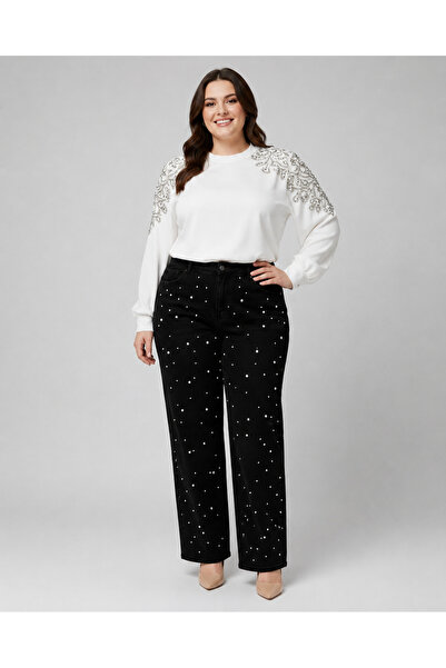 FİVA JEANS Plus Size Women's Pearl Detailed High Waist Comfortable Fit Wide L...