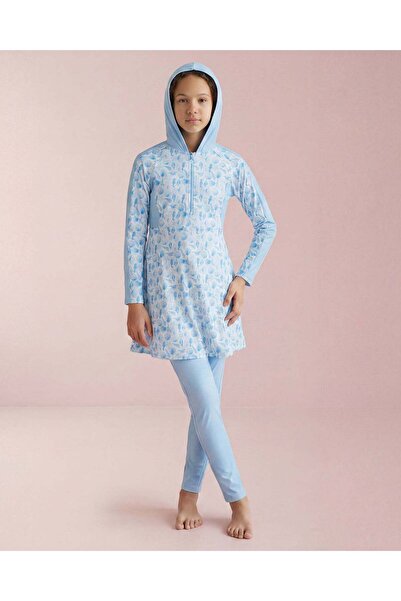REDTAG Senior Girls Blue Seashell Hooded With Leggings Swimwear