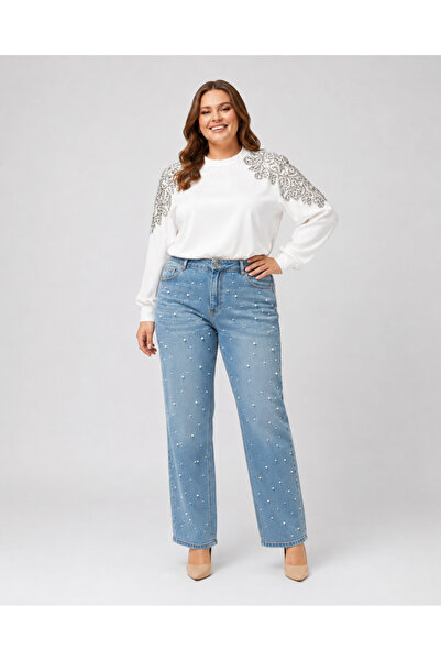 FİVA JEANS Plus Size Women's Pearl Detailed High Waist Comfortable Fit Wide L...