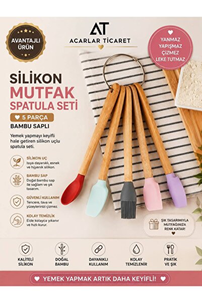 Acarlar Ticaret 5 Li Renkli Bambu Silikon Spatula Seti