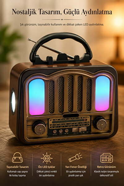 Retro Radio Bluetooth Speaker LED Lighted Flashlight Portable Vintage Radio