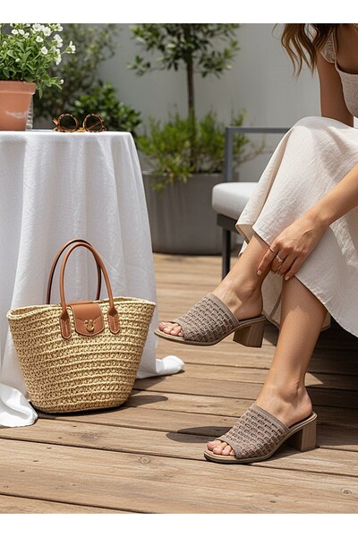KAFKASLAR AYAKKABI Unbreakable 6 cm Heel Straw Textile Knitted Women's Daily ...