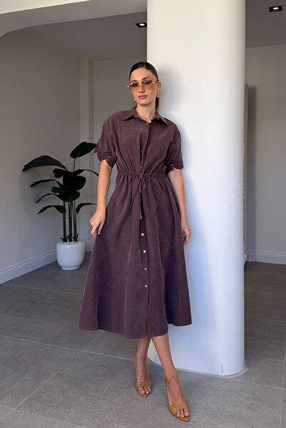 MAGARDE Embroidered Dress with Stone-Encorded Sleeves - Brown