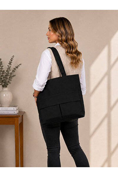 İKStore Women's Black Zippered Hand and Shoulder Bag Fabric Tote Bag