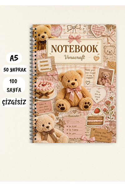 VORACRAFT Tatlı Ayıcık Pembe Temalı Not Defteri 50 Yaprak /100 Sayfa, A5 / Te...
