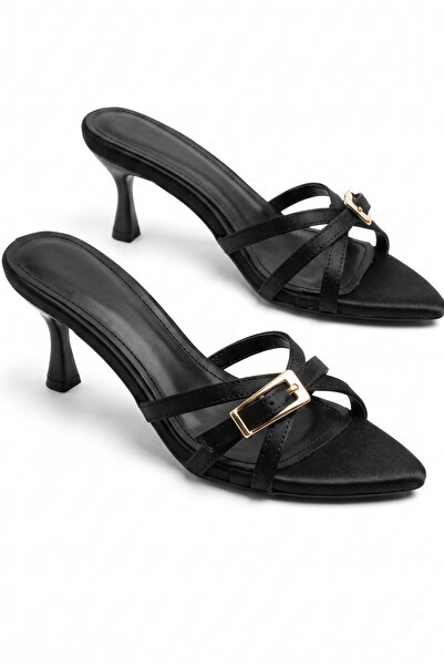v.s.h velvet Haral Women's Black Satin Heeled Slippers with Buckle