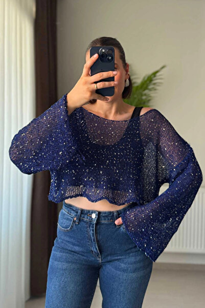Kubos Moda Sequined Openwork Knit Boat Neck Navy Blue Crop Blouse