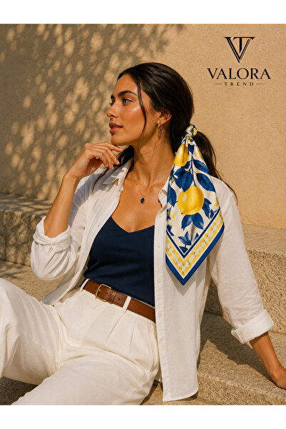Valora Trend Lacivert Limon Desenli Saten Fular 72x72 cm Kare Fular Kadın Boy...