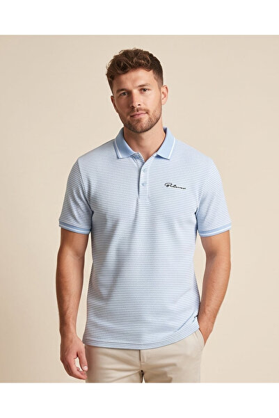 REDTAG Men Sky Blue Striped Polo T-Shirt