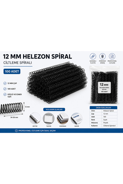 GenelTedarik Helezon Spiral Ciltleme Spirali Siyah (100 Adet) 12 mm 4:1