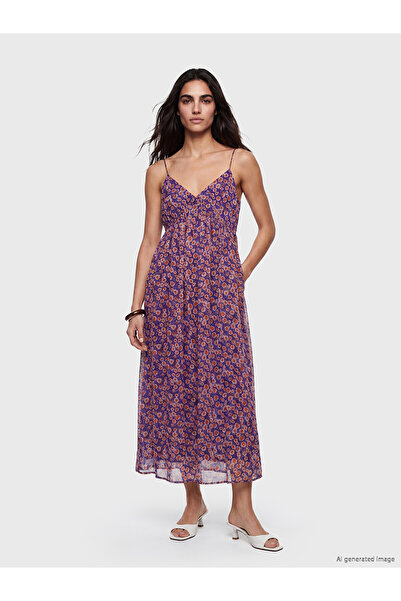LC Waikiki Peak New Season V-Neck Patterned Rope Strap Dress