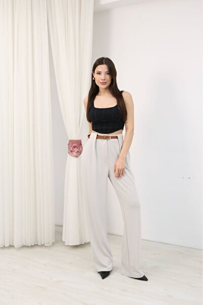 Mersella Calista Women's High Waist Wide Leg Fabric Trousers with Belt Detail...