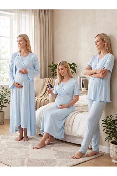 Lohussa New Season Blue Short-Sleeved 100% Cotton Special Design Maternity Dr...
