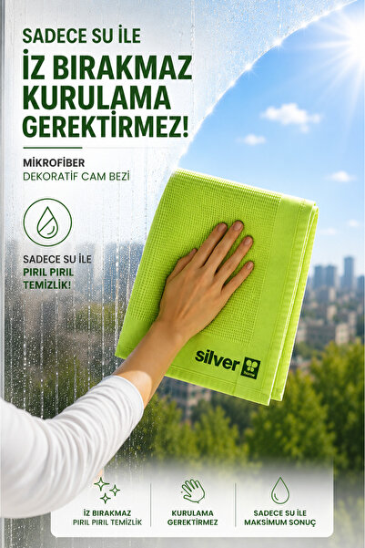 SİLVER HOME Dekoratif Mikrofiber Cam Bezi 42x68 cm 200 GSM Yeşil İz Bırakmaz Süper Emici Cam Ayna Pencere Duşakabin Silme Bezi