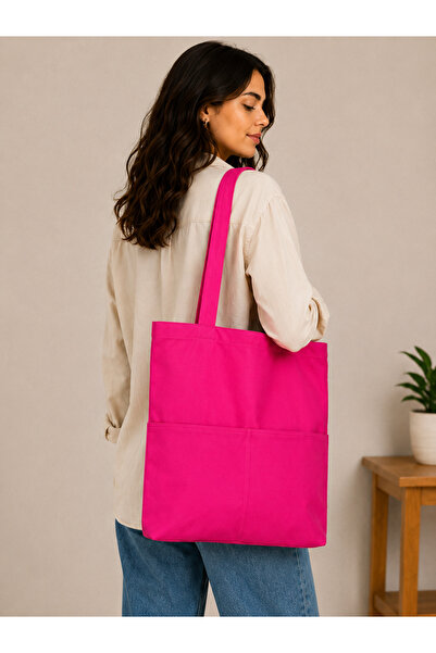 İKStore Women's Pink Zippered Hand and Shoulder Bag Fabric Tote Bag Canvas Ba...