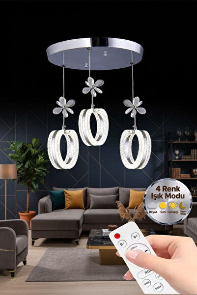 Lumia Lighting Aurea Model 3'lü Gümüş Kumandalı 3 Renk Modu Ledli Kristal Taş...