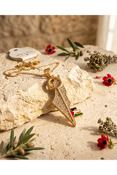 Zaytoon Palestine map unisex necklace with return key and stainless gold plat...