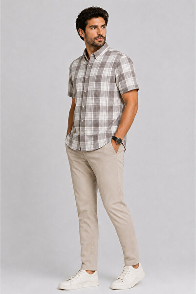 bihan store Men's Short Sleeve Checkered Shirt - 6084 - Mink