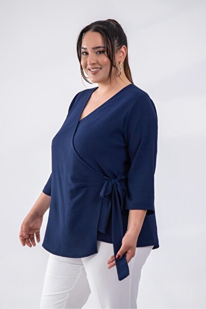 Roxxlen Women's Plus Size Tie-Waist Blouse Navy Blue