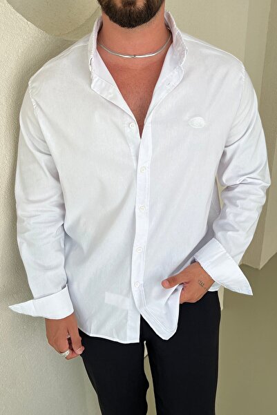OUTFİT MAN R Minimal Embroidered Oversize Shirt White