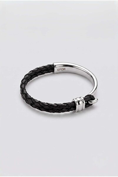 Efor Metal and Mesh Pattern Leather Design Black Bracelet 098