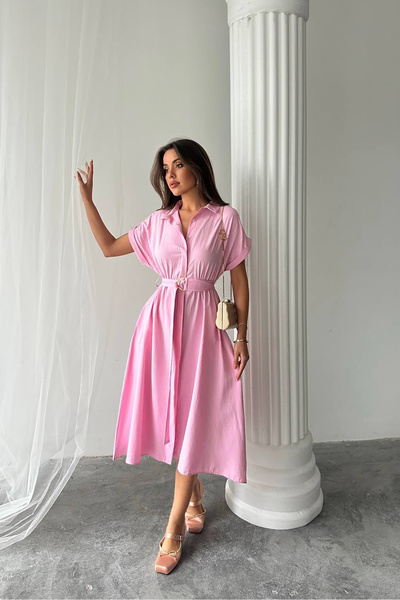 XXL BUTİK kadın pembe poplin kumaş gömlek elbise X-G094