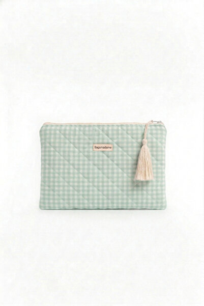 BagsMadame Light Green Gingham Patterned Single Compartment Zippered Clutch P...
