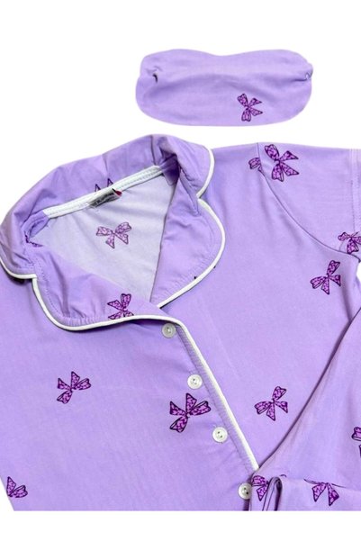 Fil Kids Girl's Cotton Milan Fabric Lilac Ribbon Shirt Collar White Piping Sleep Band Short Sleeve Pajama Set