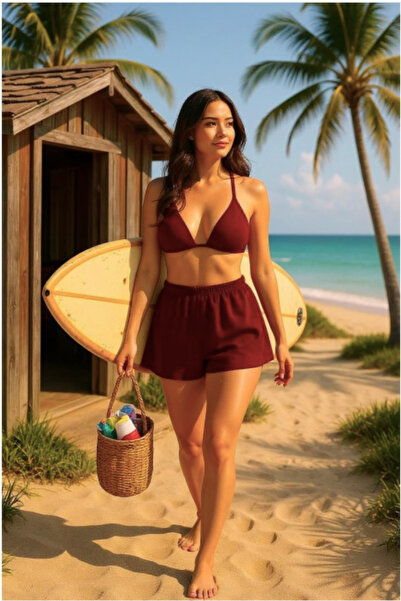 Vielove Kadın Mavi Şortlu Bikini Takımı – Belden ve Boyundan Bağlamalı Üçgen ...