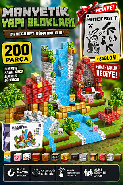 acces Bol Hediyeli Manyetik Yapı Blokları Seti Minecraft 200 Parça