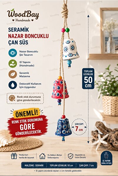 WoodBay El Yapımı Seramik Nazar Boncuklu 3'lü Çan Süsü 50 cm – Dekoratif Duva...