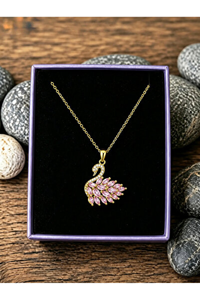 RARİ AKSESUAR Gold Renk Zirkon Pembe Kuğu Paslanmaz Çelik Kolye