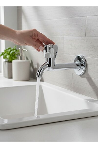 RALKEN Lavabo Tuvalet WC Bahçe Musluğu Krom Çevirmeli Tekli Duvardan Uzun Mus...