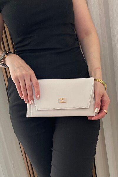 Fibag Women's Beige Clutch Bag - Hand and Shoulder Bag with Chain Strap