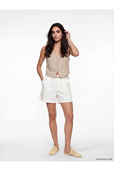 LC Waikiki White High Waist Belted Women's Pleated Shorts