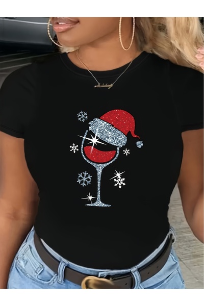 STITCHLY Stylish Crew Neck Women'S T-Shirt Featuring Wine Glass Filled Red Li...