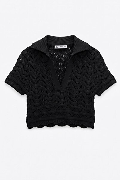 BSL Ajur Örgü Polo Yakalı Crop Bluz