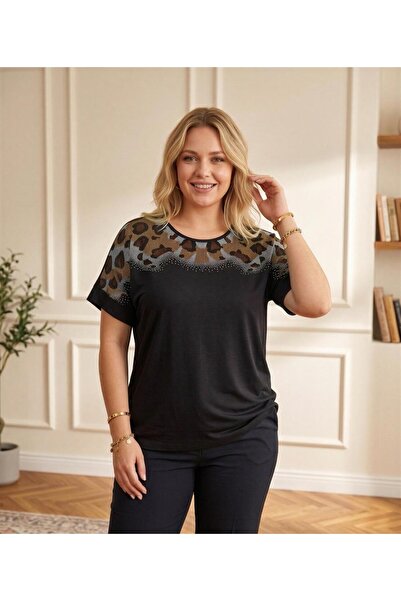 EMZAGİYİM Blouse with Leopard Stones on the Shoulders and Front